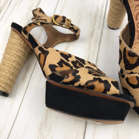 Sam Edelman Animal Print Leopard Print Leather Calf Fur Platform Heels Size 6.5 - Picture 8 of 16
